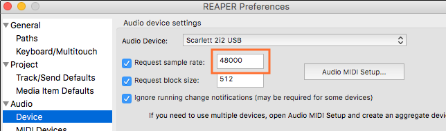 Reaper Audio Device Settings